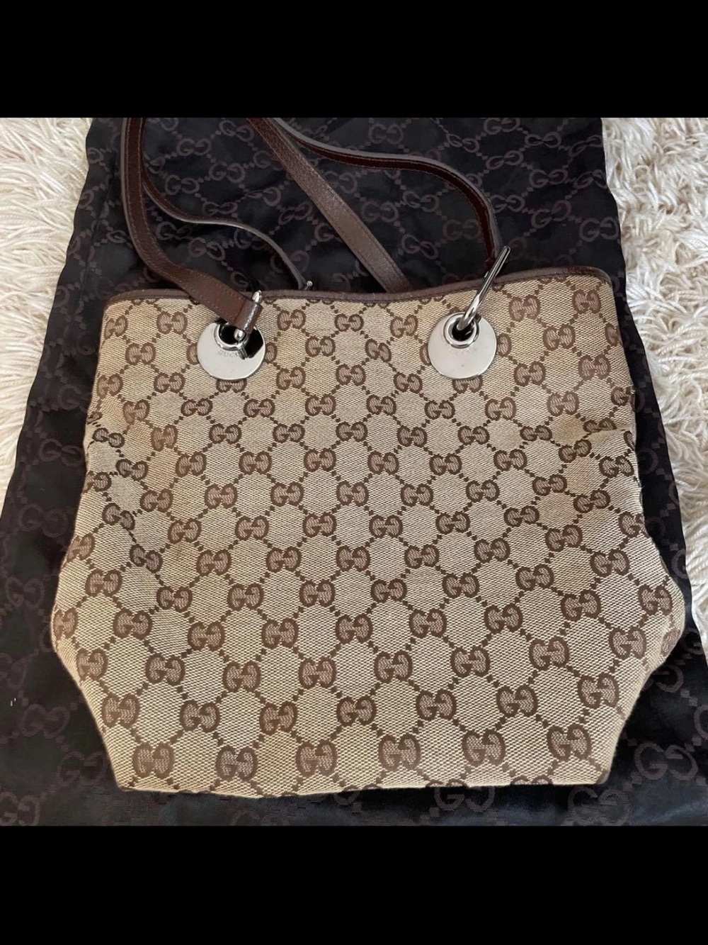 Gucci Beige and Brown GG Canvas Tote with Dark Brown Leather Straps